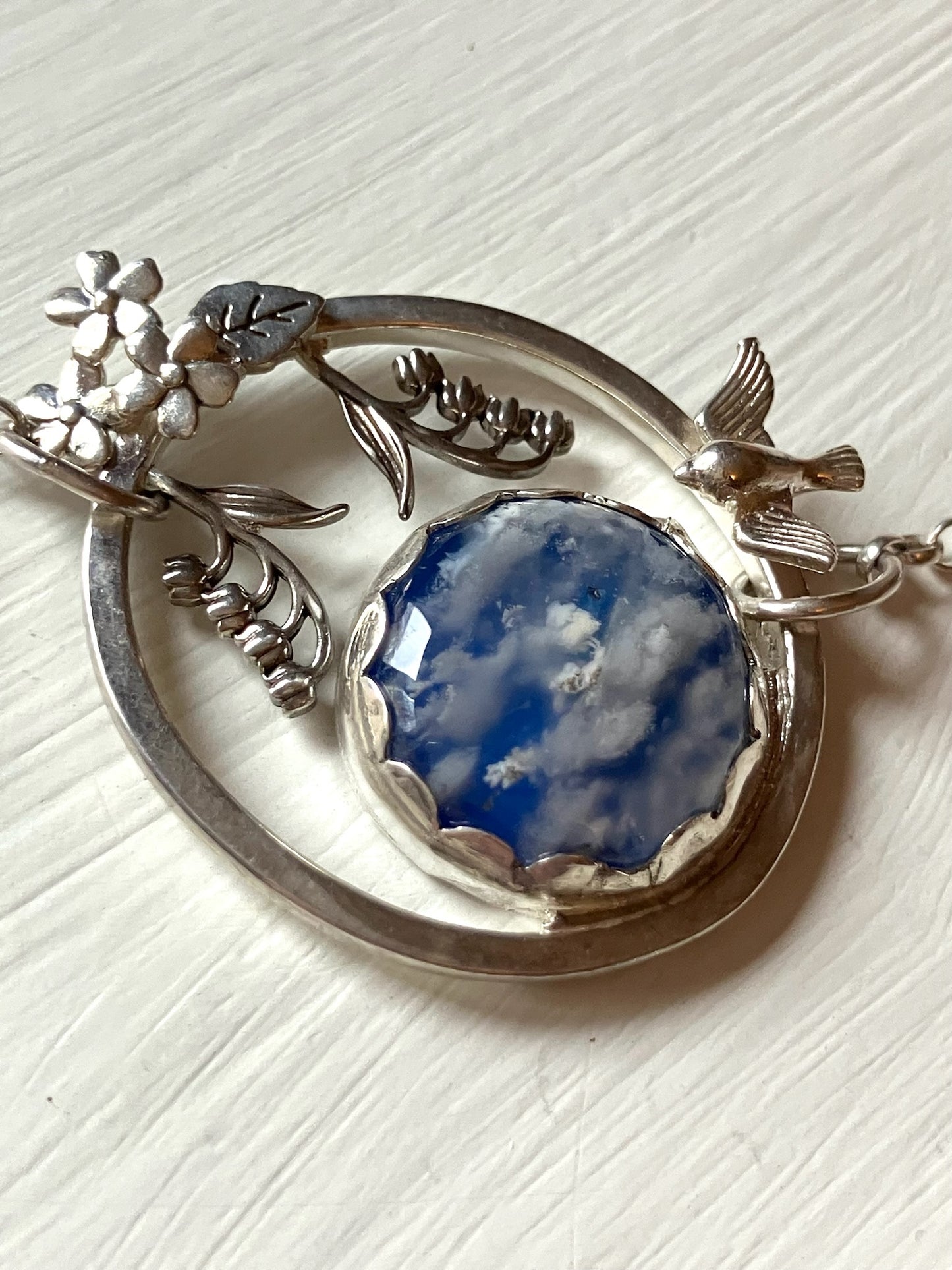 Silver & Blue Plume Agate Pictorial Necklace with Swallow & Flowers