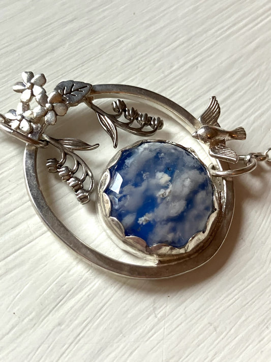 Silver & Blue Plume Agate Pictorial Necklace with Swallow & Flowers