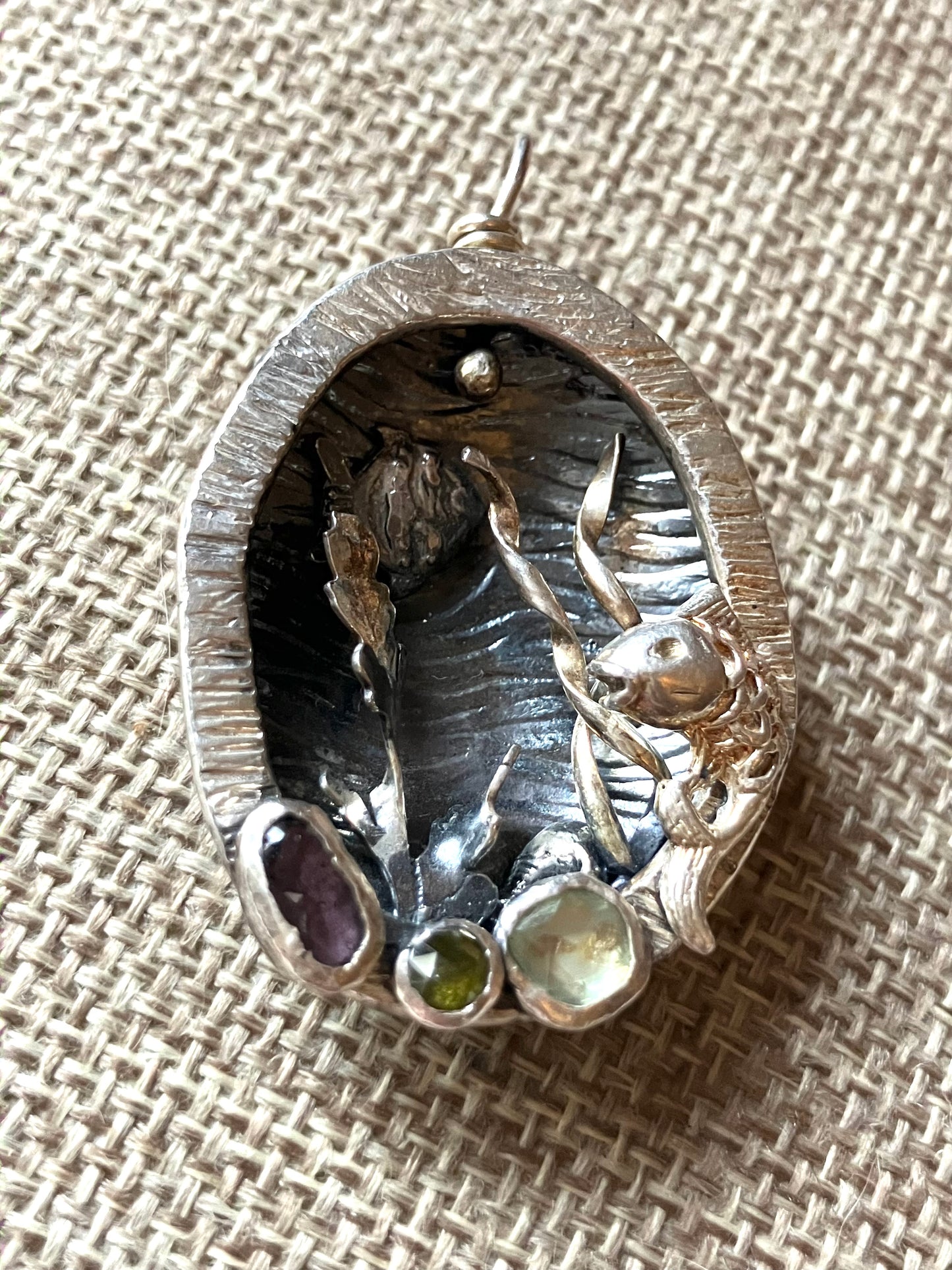 Large Silver Sea Scene Pendant with Tormaline & Rose Cut Diamond