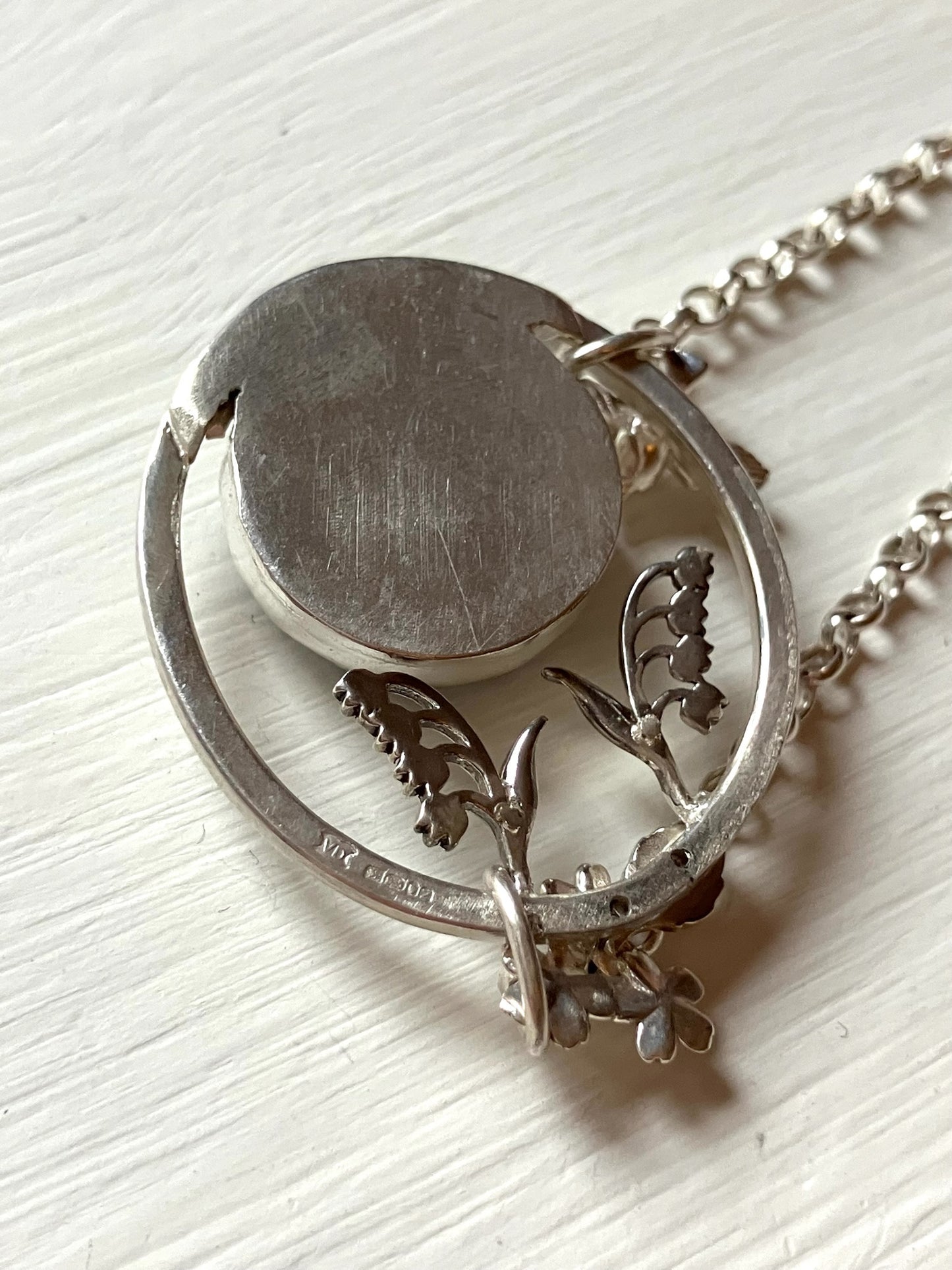 Silver & Blue Plume Agate Pictorial Necklace with Swallow & Flowers