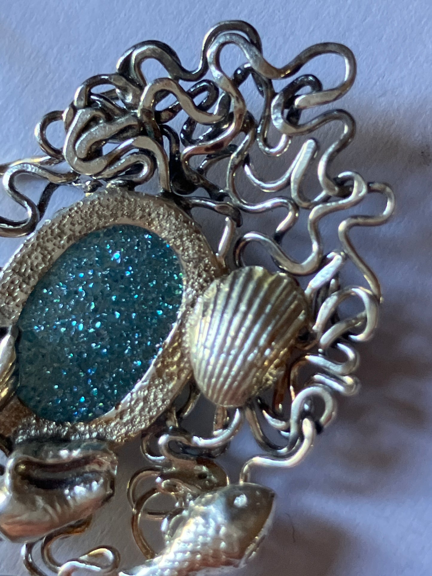 Druzy Pond - boats and shells swirly frame pendant