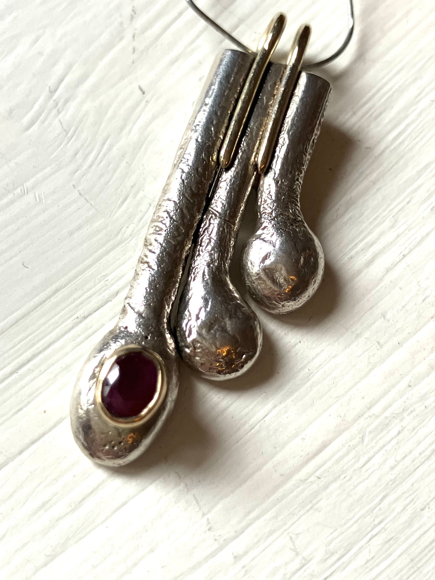 Art Deco Style Asymmetrical Drop Pendant in Gold, Silver & Ruby