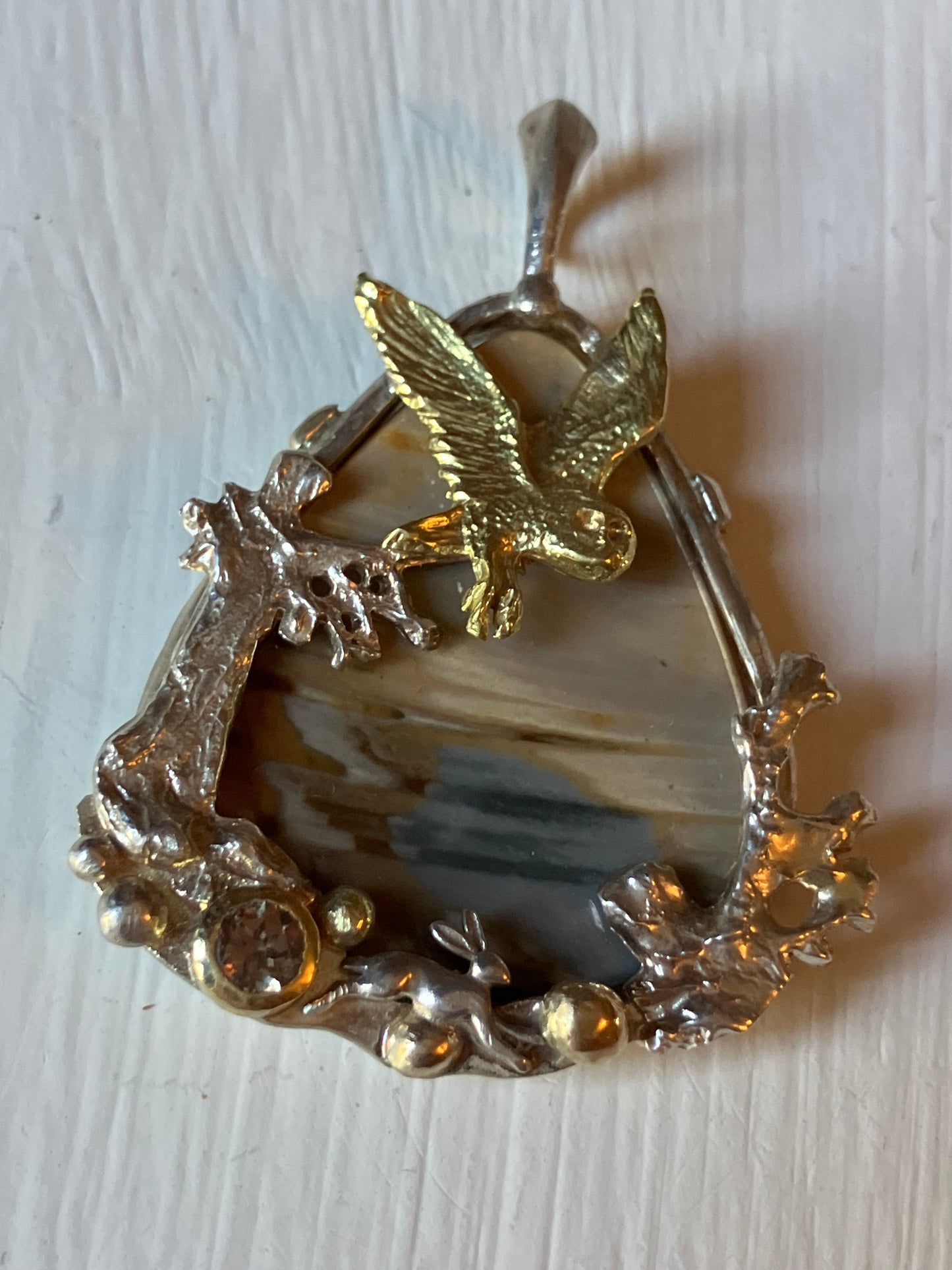 Owl, oak tree and diamond pendant