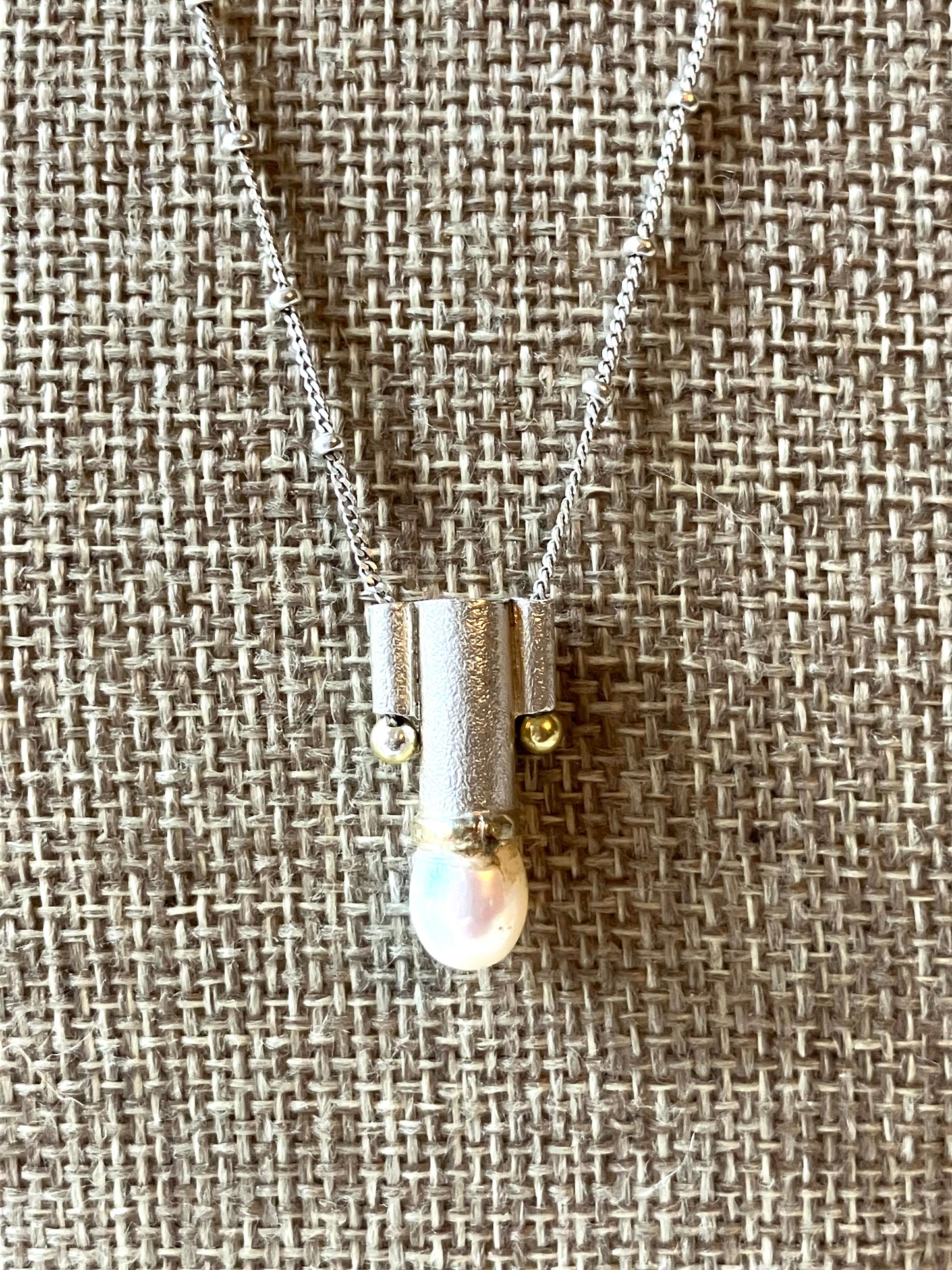 Art Deco Silver Necklace With Gold Accents & Pearl