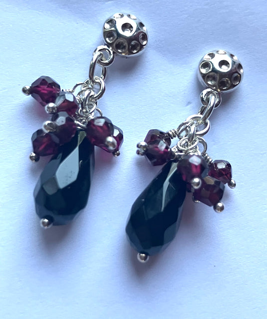 Black Onyx & Garnet Drop Bead Earrings