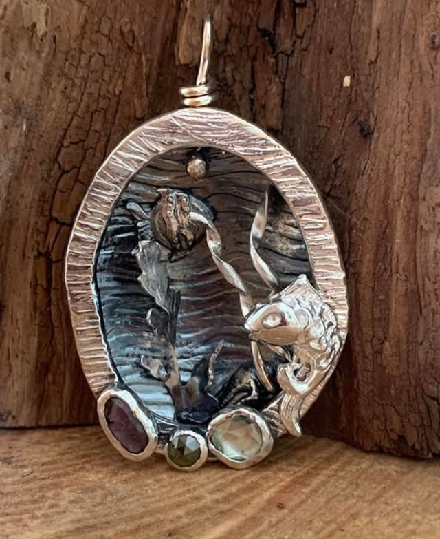 Large Silver Sea Scene Pendant with Tormaline & Rose Cut Diamond