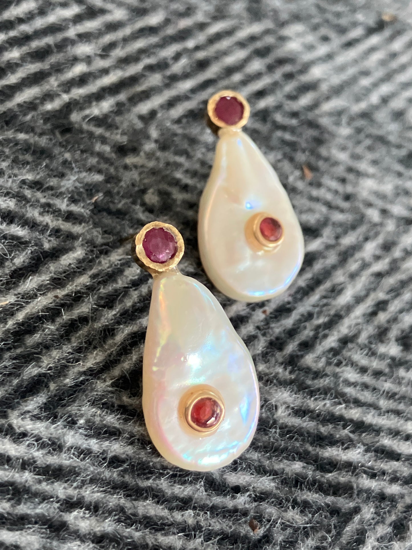 Pearl Earrings with Rubies & Rolled Gold