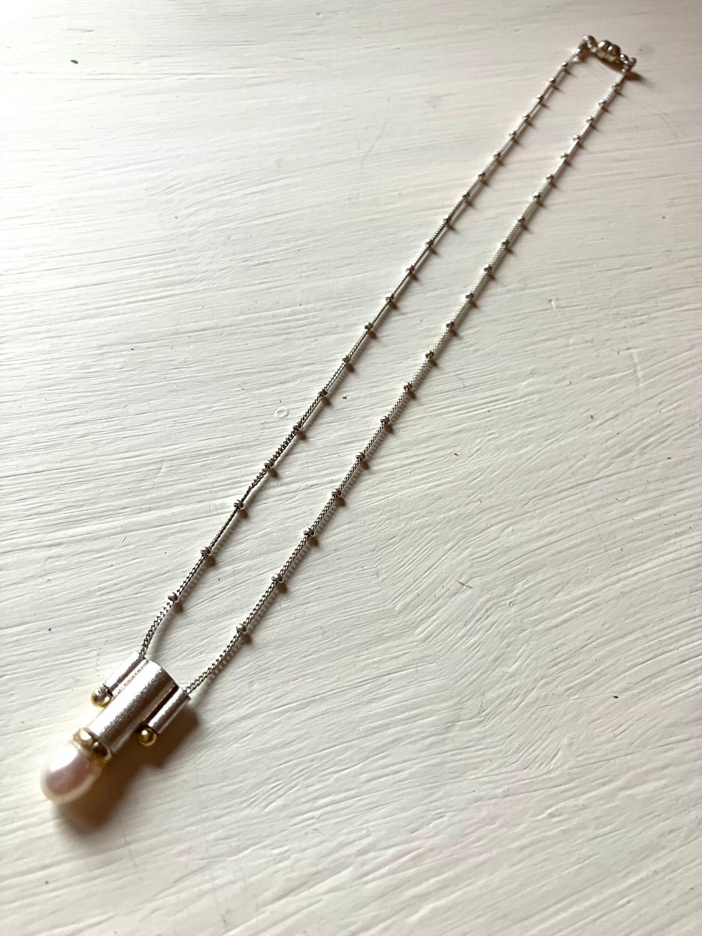 Art Deco Silver Necklace With Gold Accents & Pearl