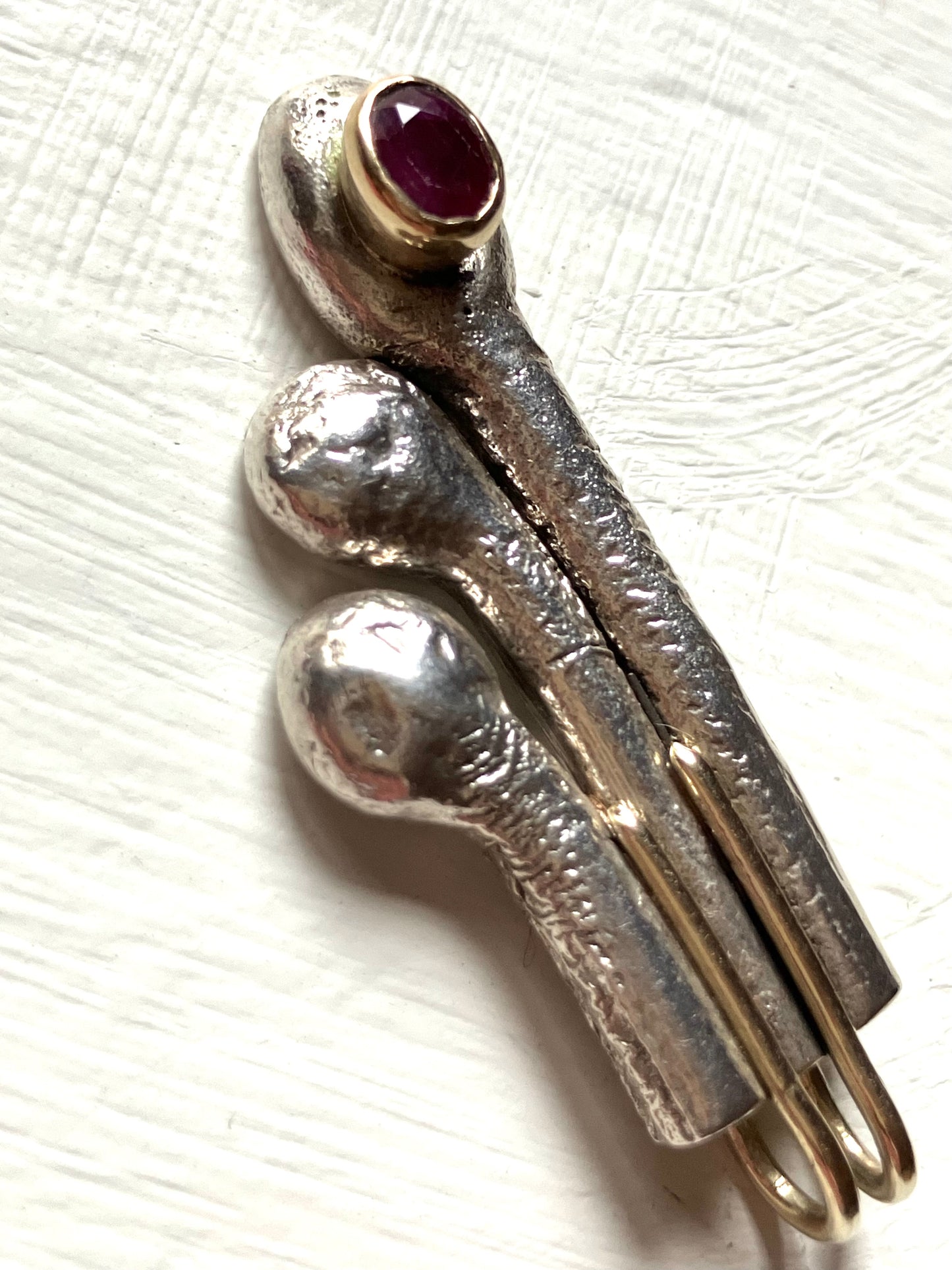 Art Deco Style Asymmetrical Drop Pendant in Gold, Silver & Ruby