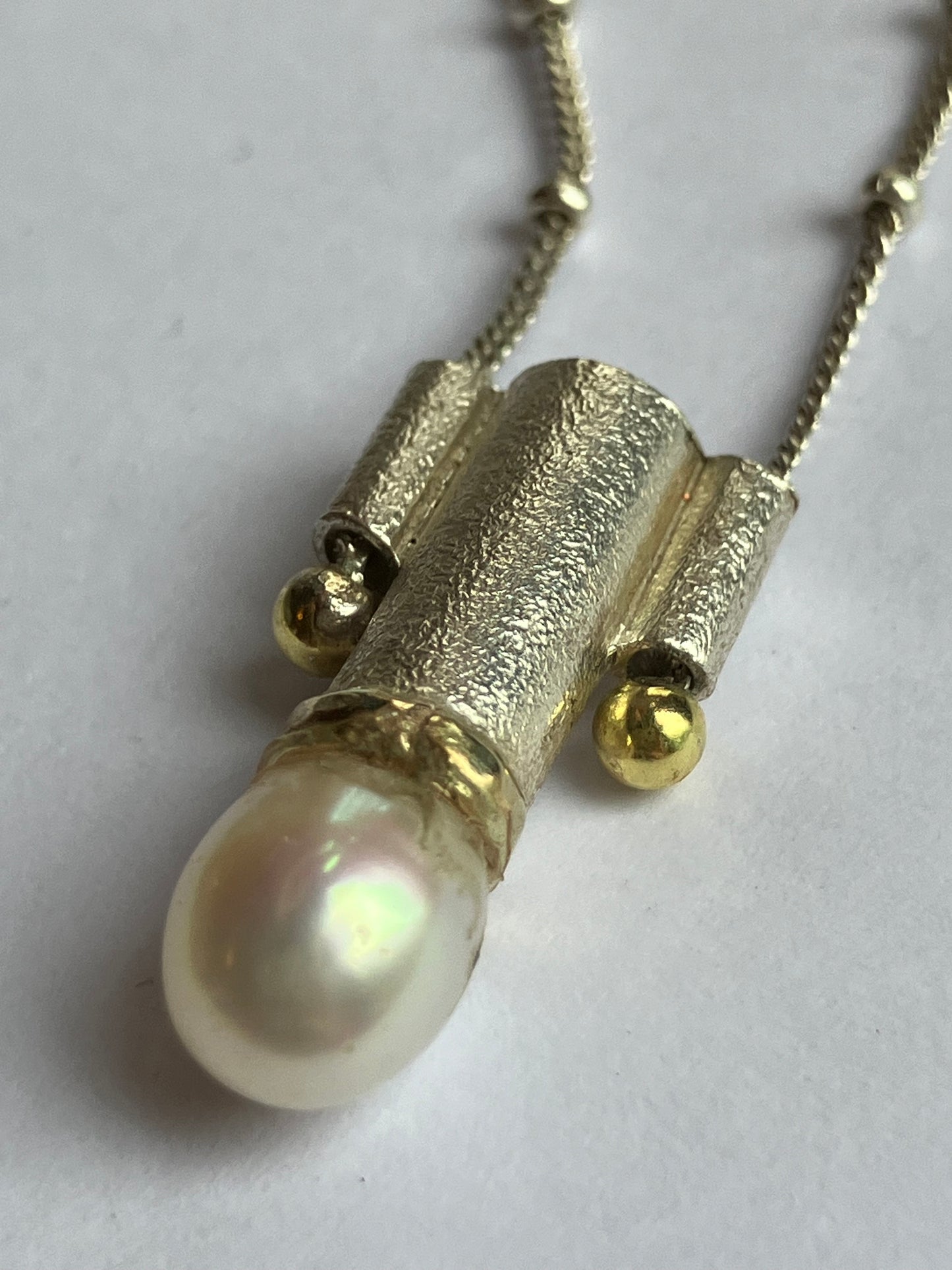 Art Deco Silver Necklace With Gold Accents & Pearl