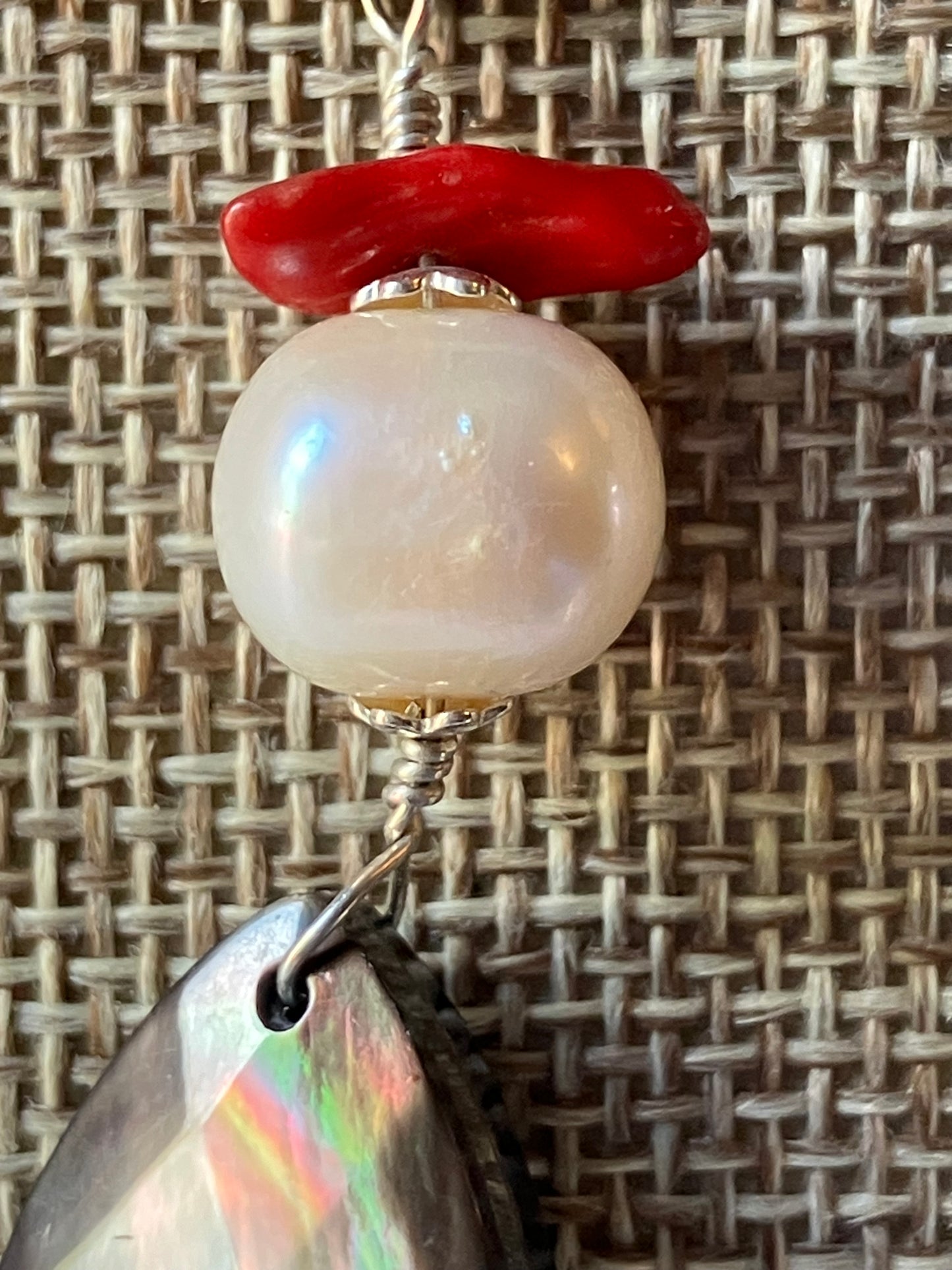 Indian Coin, Mother of Pearl, Shell & Coral Drop Earrings