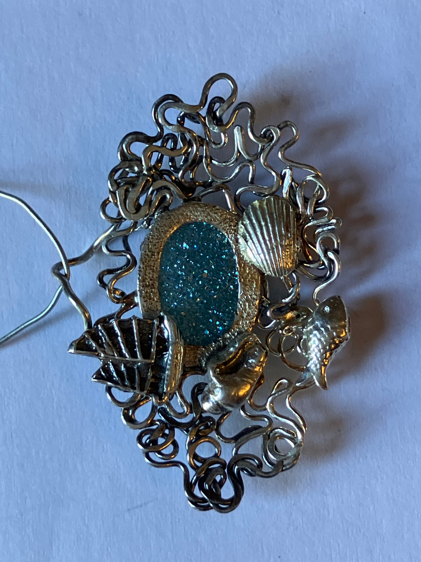 Druzy Pond - boats and shells swirly frame pendant