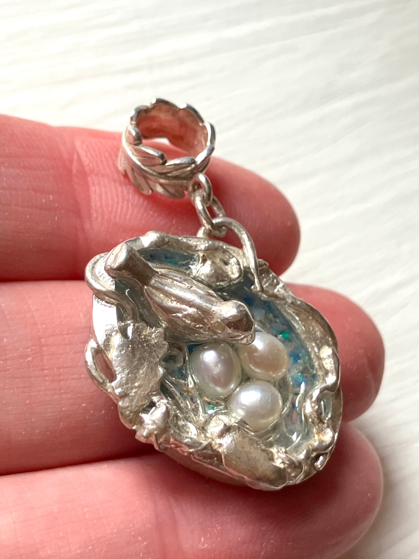 Silver Bird Nest Pendant With Resin & Pearl