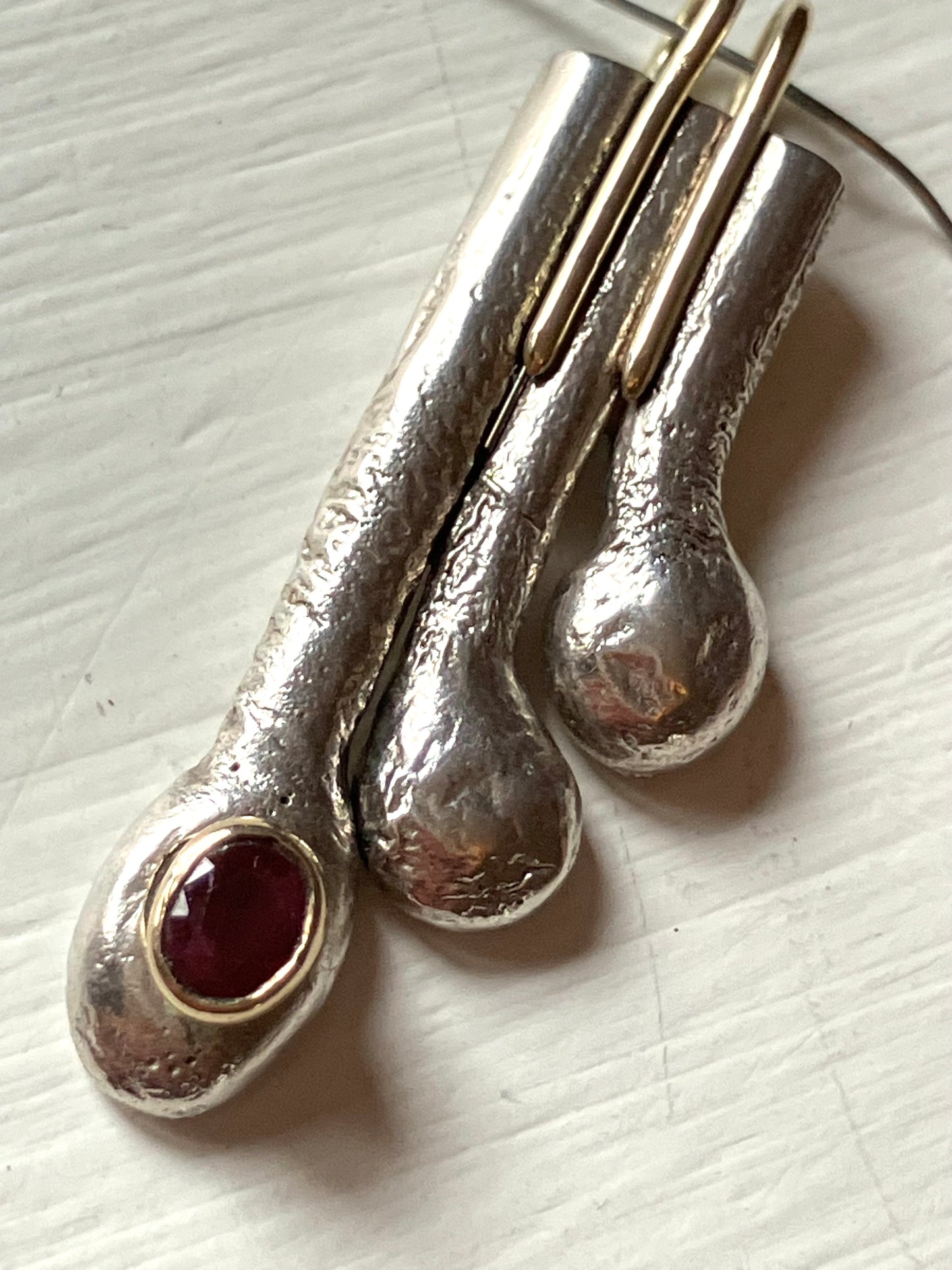 Art Deco Style Asymmetrical Drop Pendant in Gold, Silver & Ruby