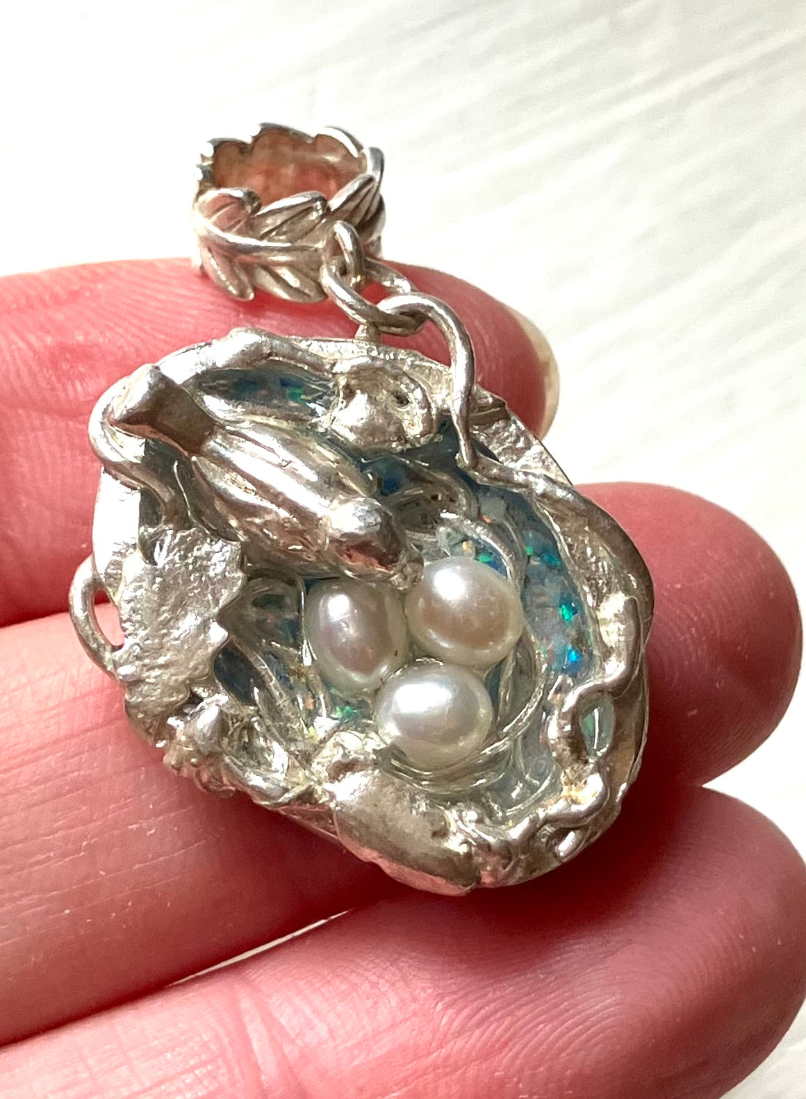 Silver Bird Nest Pendant With Resin & Pearl