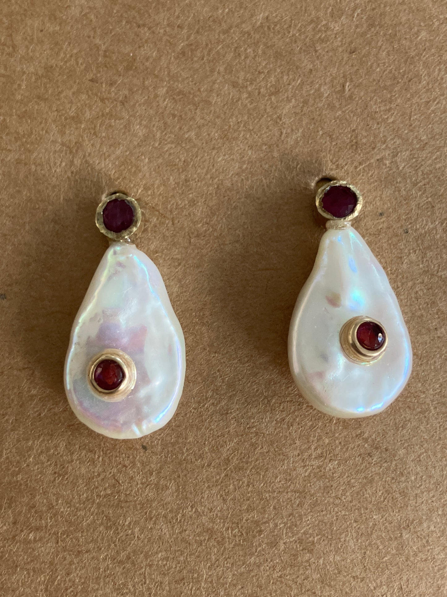 Pearl Earrings with Rubies & Rolled Gold