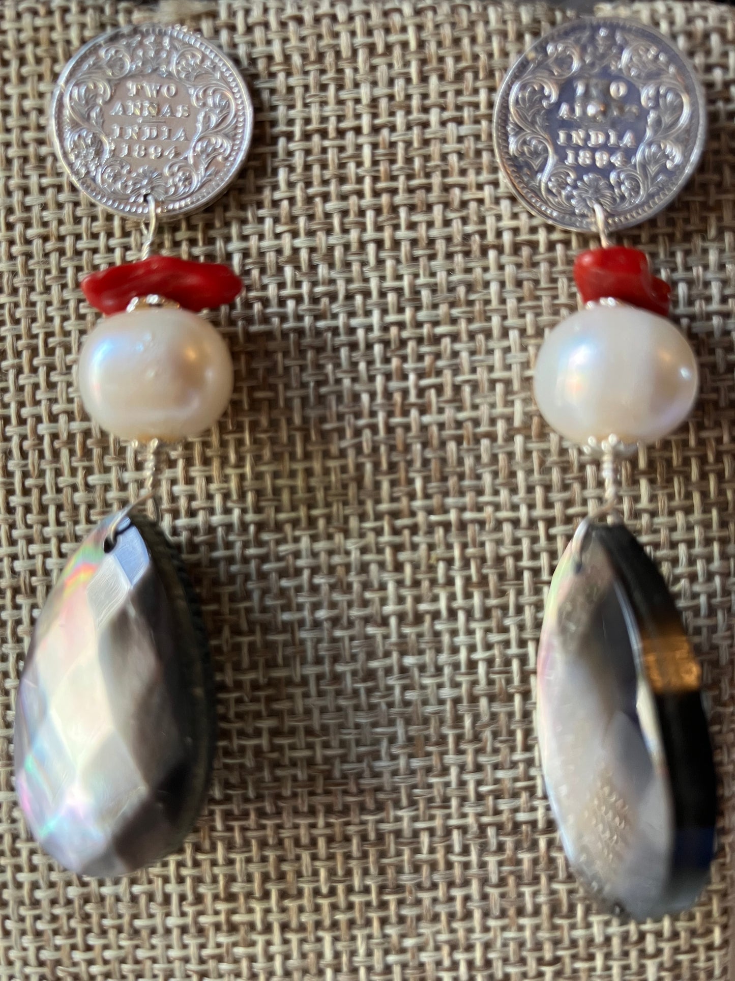 Indian Coin, Mother of Pearl, Shell & Coral Drop Earrings