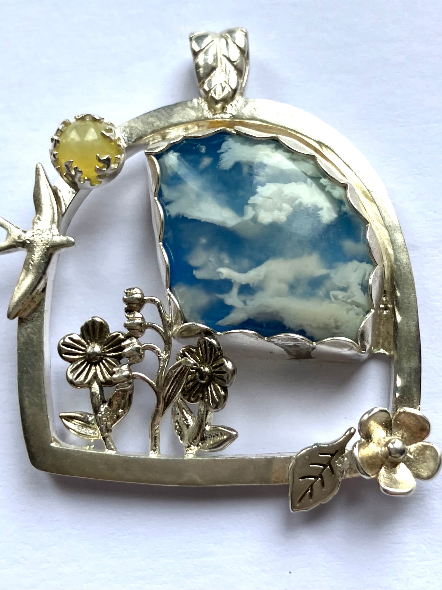 Window Scene Pendant with Swallow & Flowers