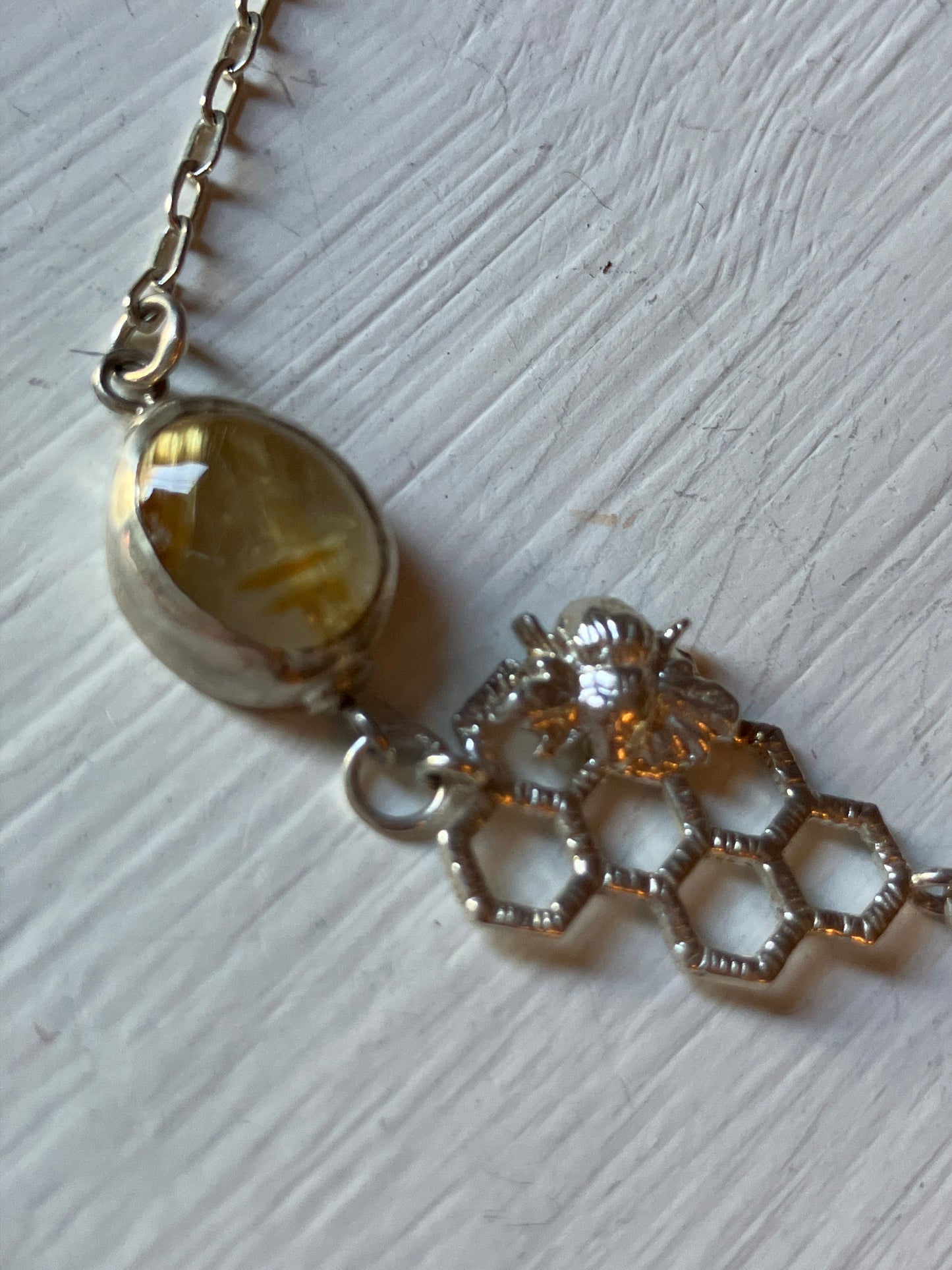 Silver Bee on open honeycomb necklace with Sunflower
