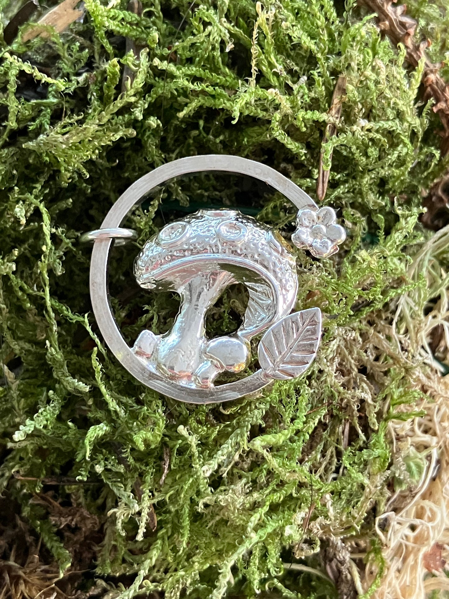 Silver Toadstool & Flower Pendant