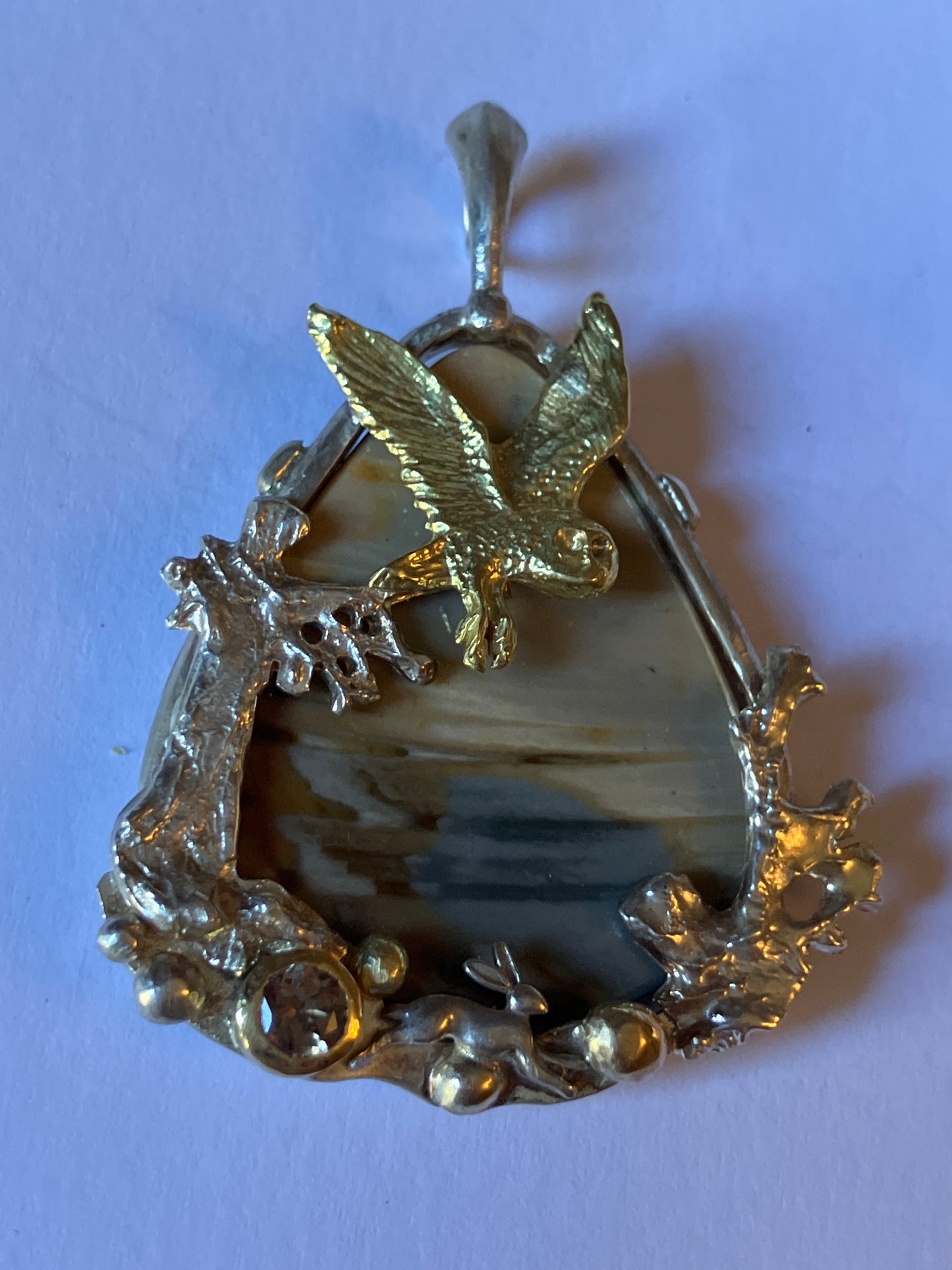 Owl, oak tree and diamond pendant
