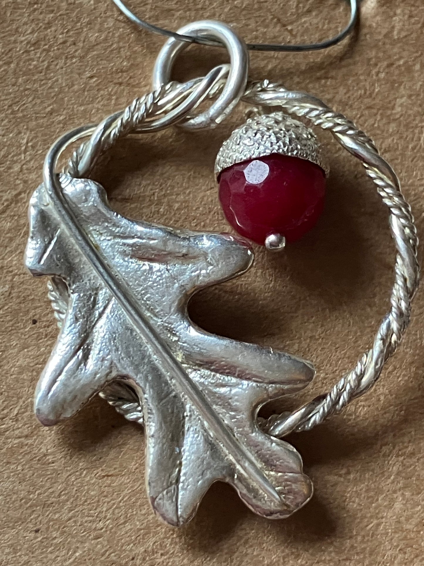 Oak Leaf and Red Acorn Pendant