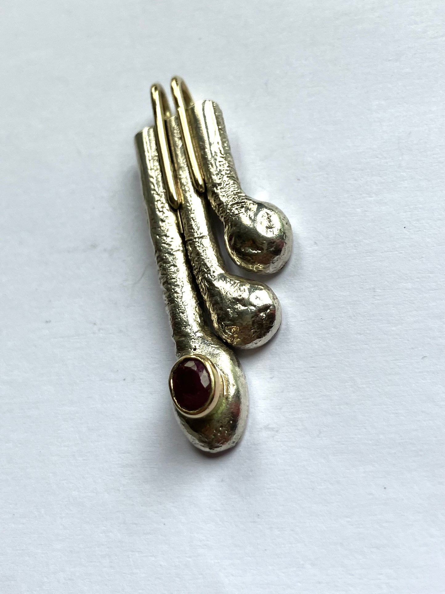 Art Deco Style Asymmetrical Drop Pendant in Gold, Silver & Ruby