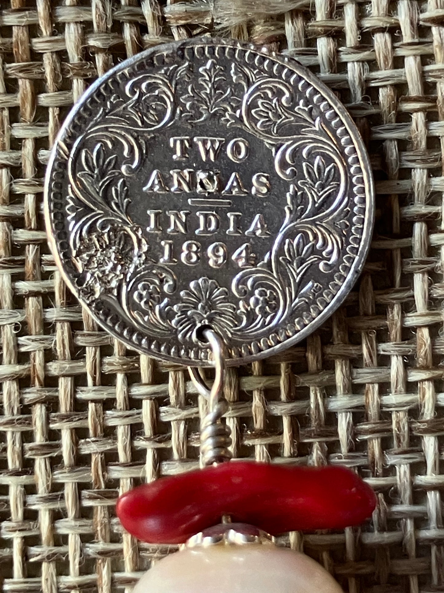 Indian Coin, Mother of Pearl, Shell & Coral Drop Earrings