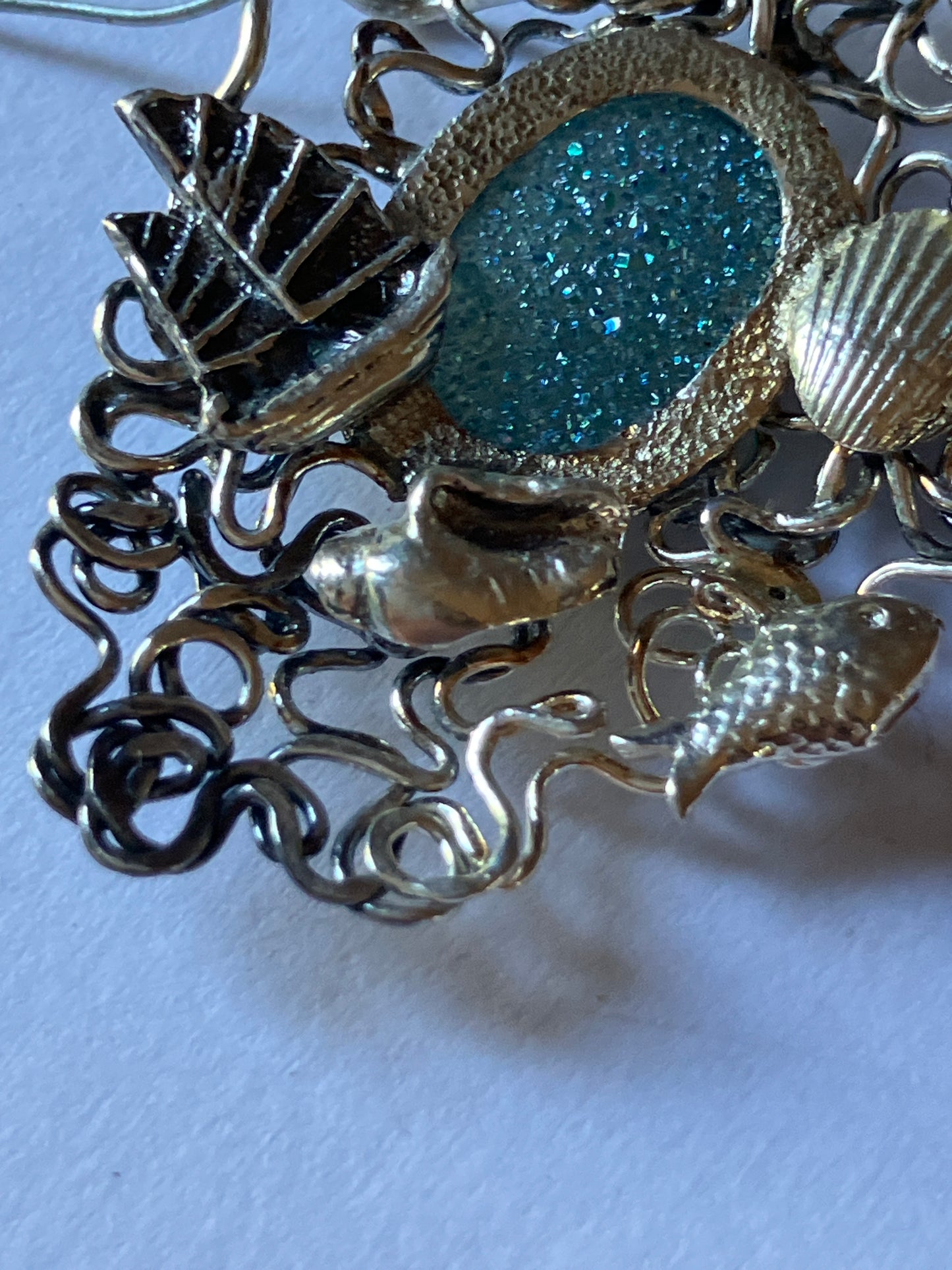 Druzy Pond - boats and shells swirly frame pendant