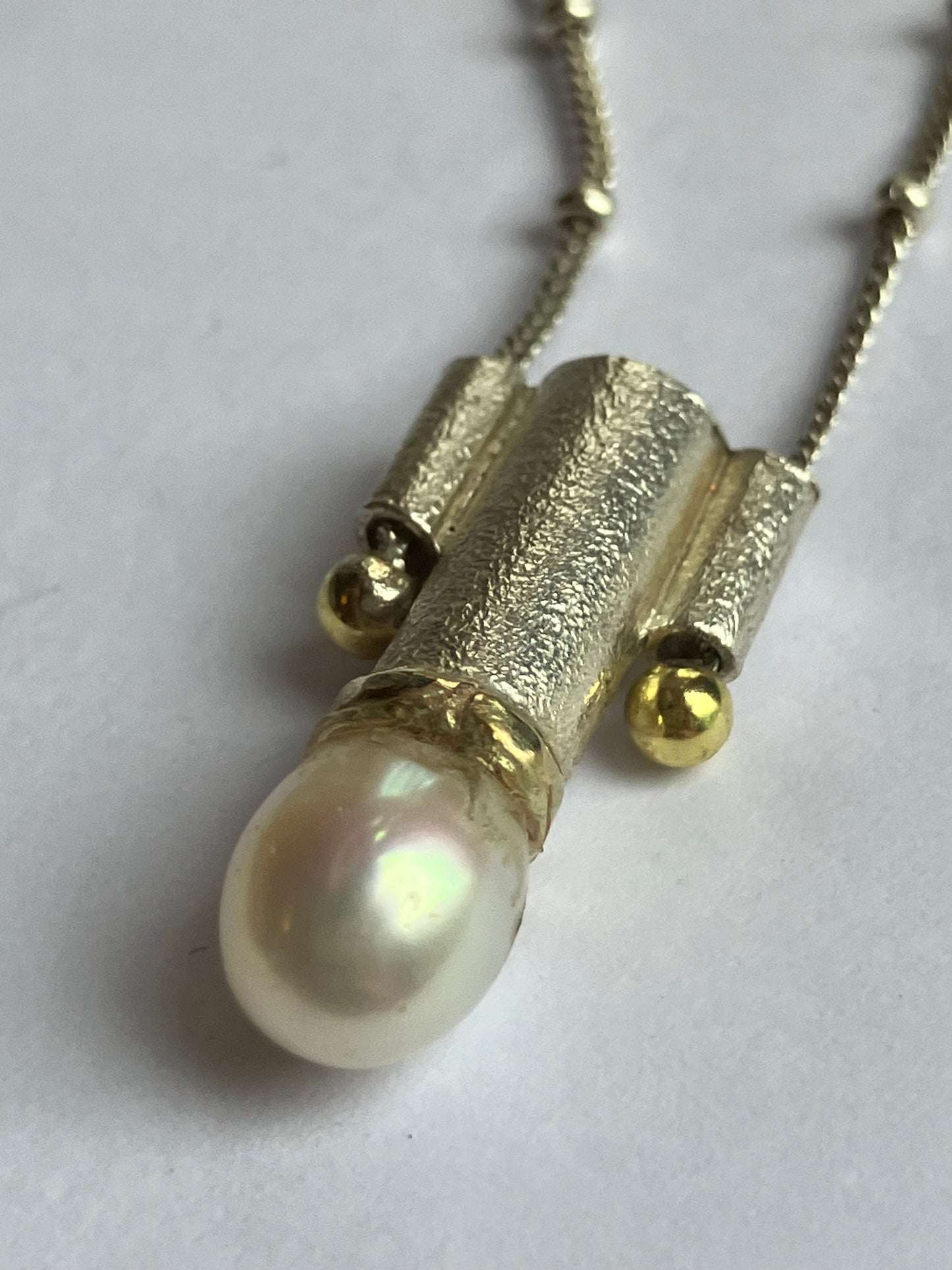 Art Deco Silver Necklace With Gold Accents & Pearl