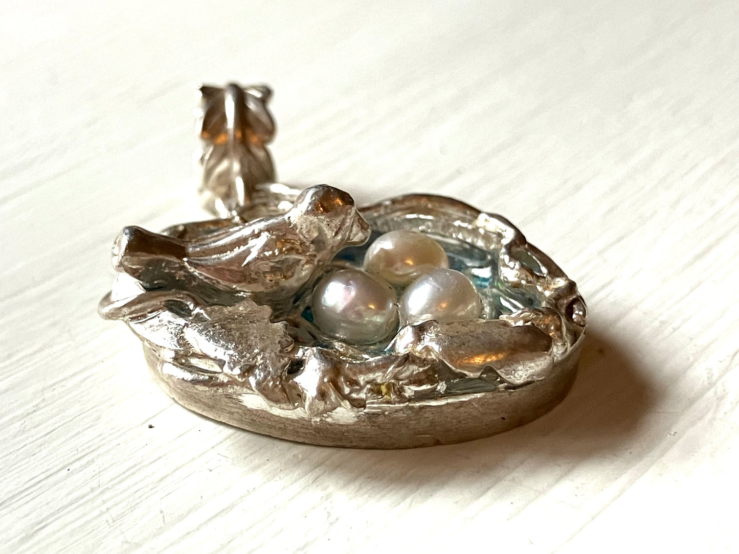 Silver Bird Nest Pendant With Resin & Pearl