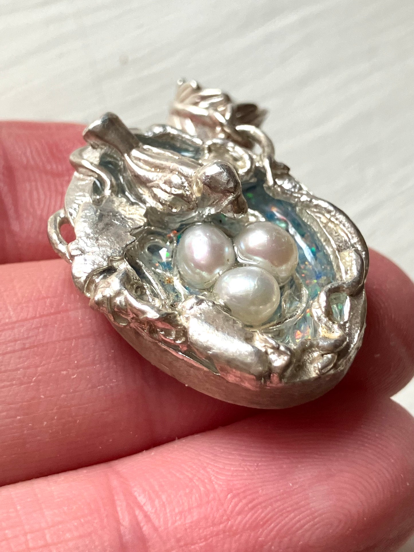 Silver Bird Nest Pendant With Resin & Pearl