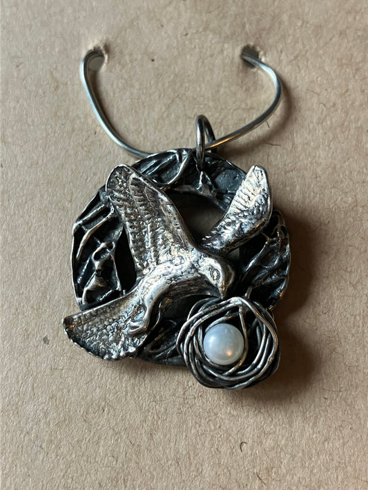 Eagle & Nest Pendant in Oxidised Silver
