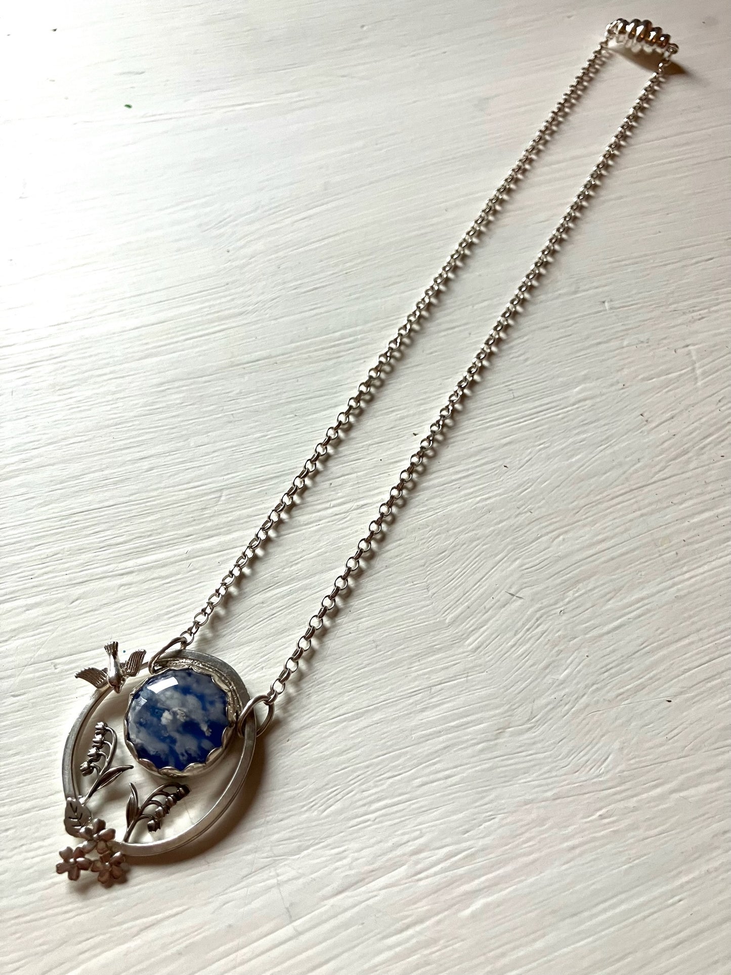 Silver & Blue Plume Agate Pictorial Necklace with Swallow & Flowers