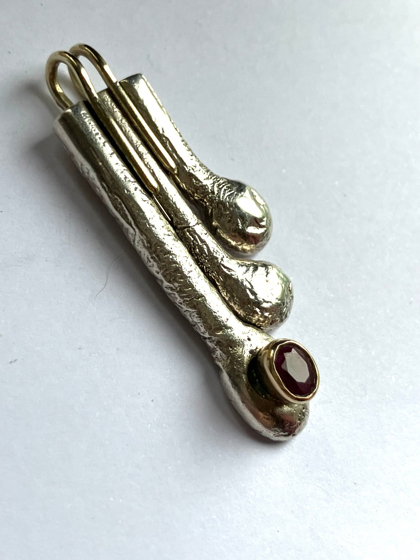 Art Deco Style Asymmetrical Drop Pendant in Gold, Silver & Ruby