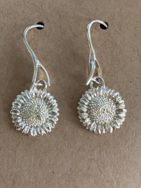 Silver Sunflower Drop Earrings