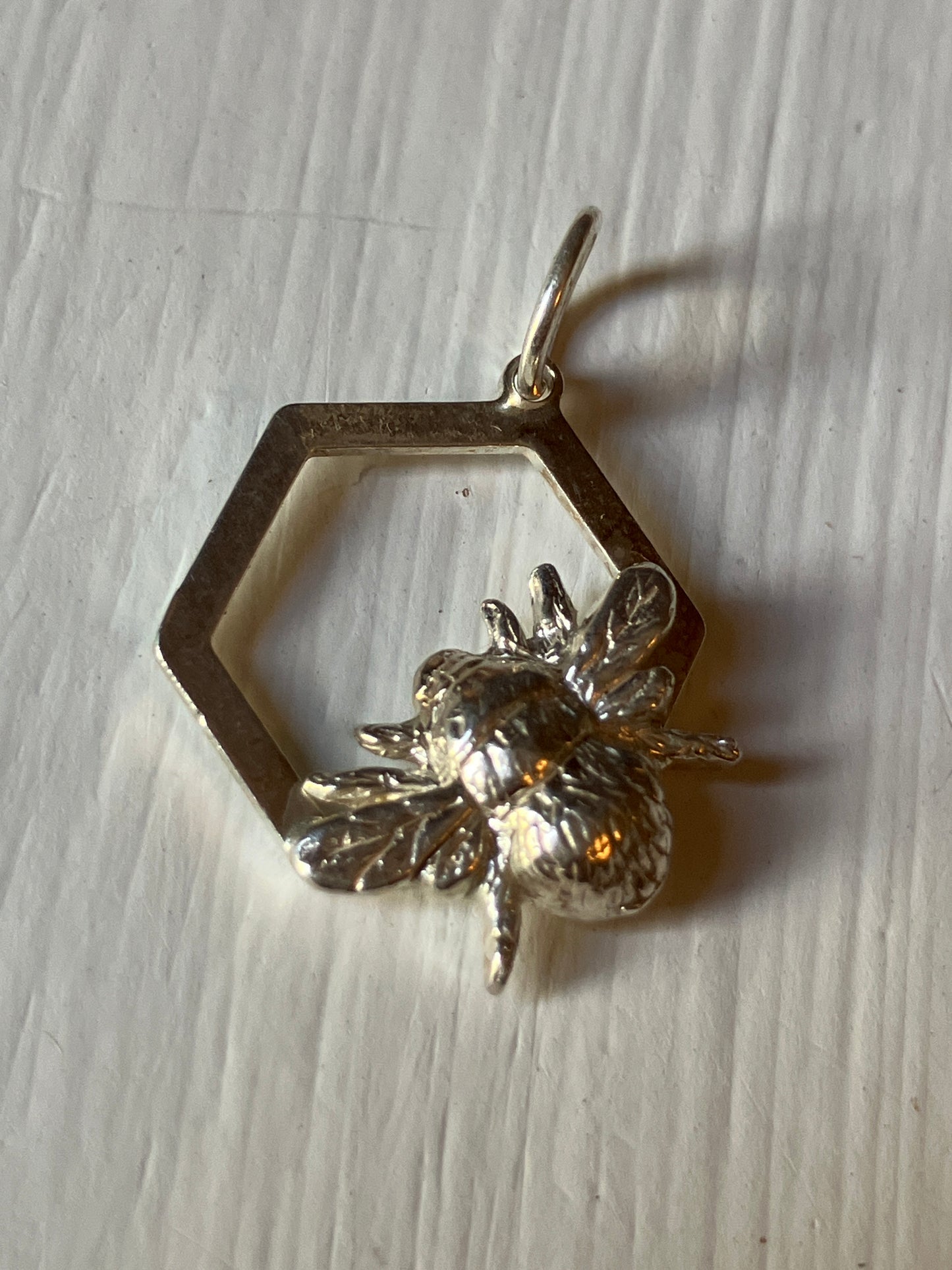 Silver Bee on Honeycomb cell pendant
