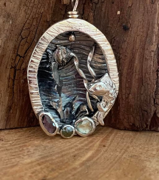 Large Silver Sea Scene Pendant with Tormaline & Rose Cut Diamond