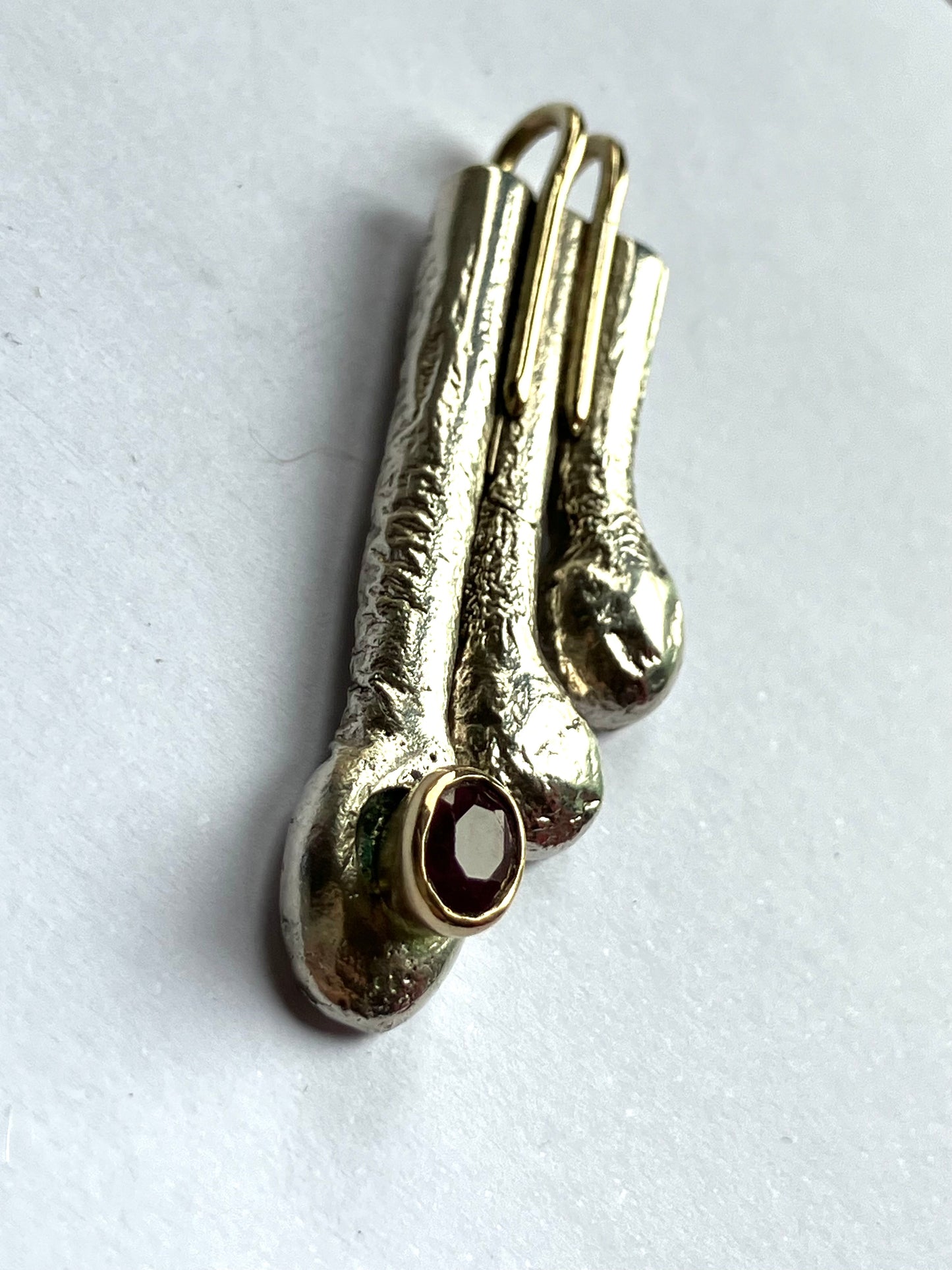 Art Deco Style Asymmetrical Drop Pendant in Gold, Silver & Ruby