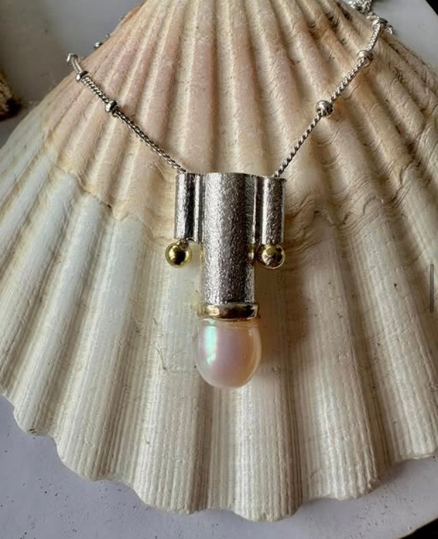 Art Deco Silver Necklace With Gold Accents & Pearl
