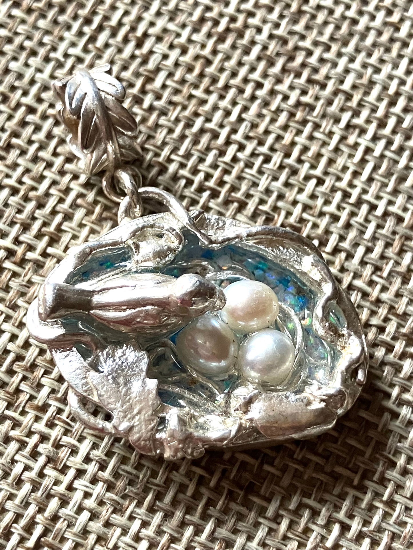 Silver Bird Nest Pendant With Resin & Pearl