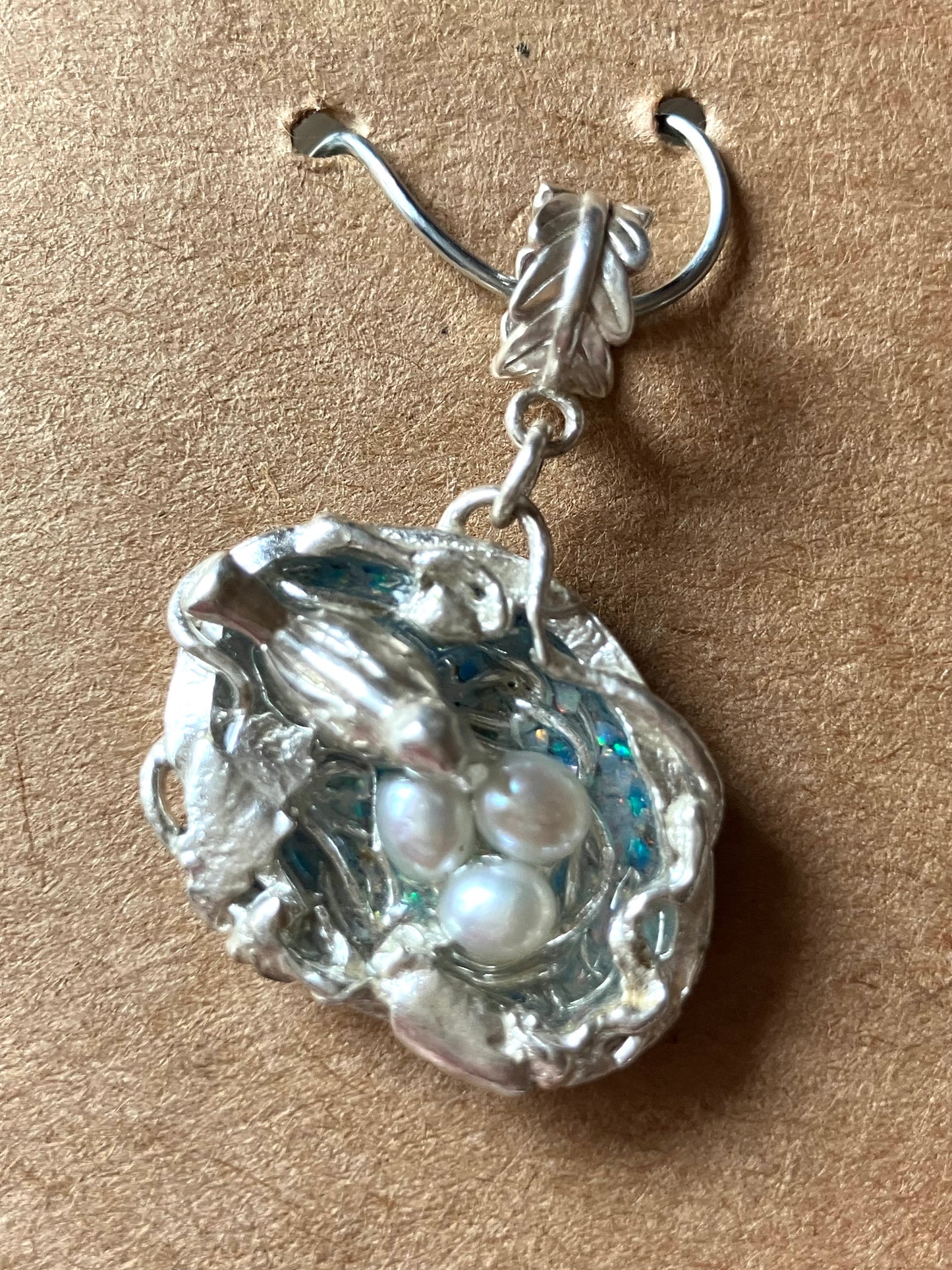 Silver Bird Nest Pendant With Resin & Pearl