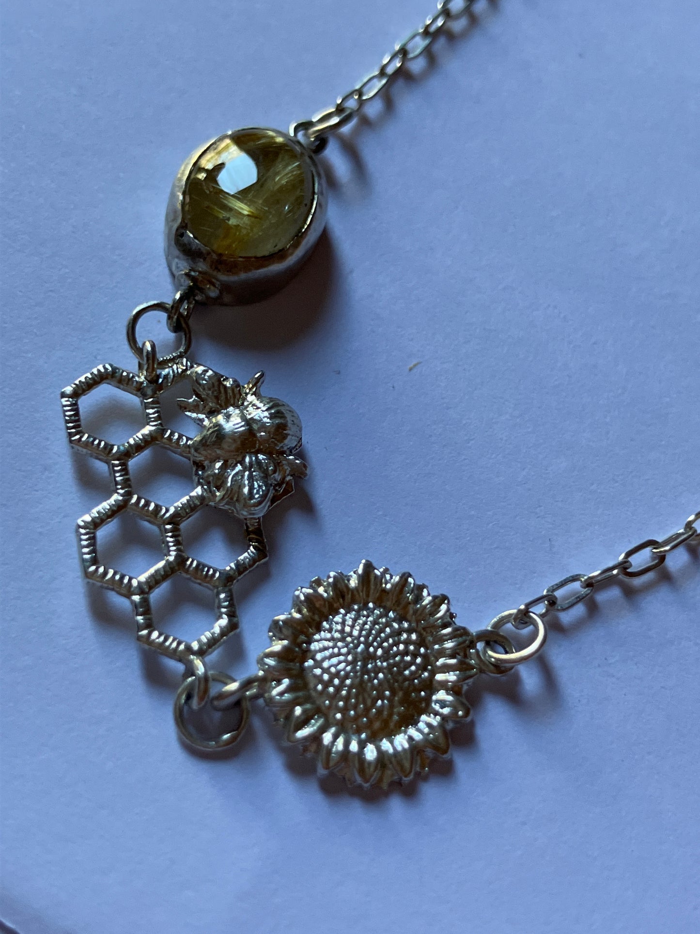 Silver Bee on open honeycomb necklace with Sunflower