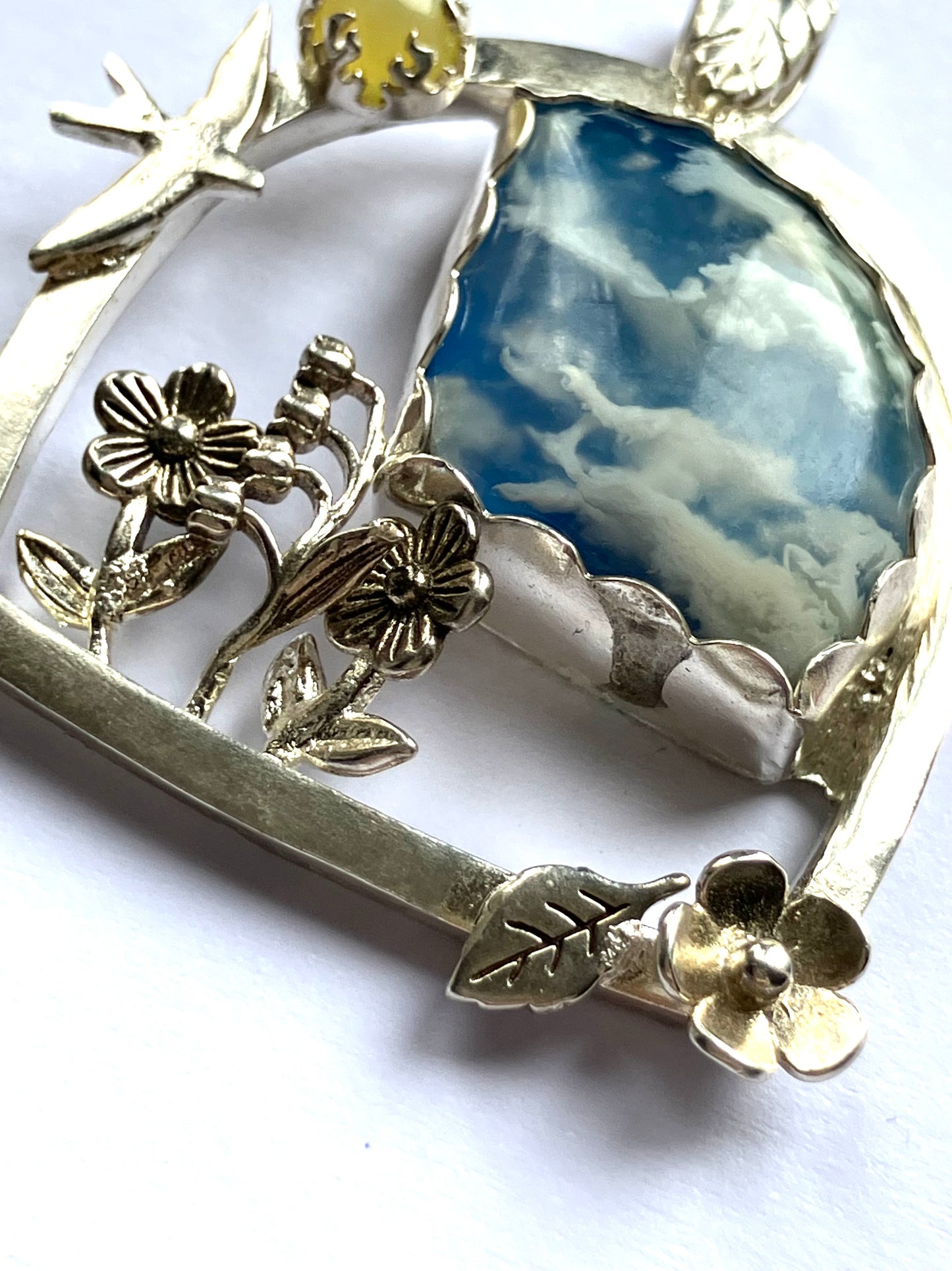 Window Scene Pendant with Swallow & Flowers