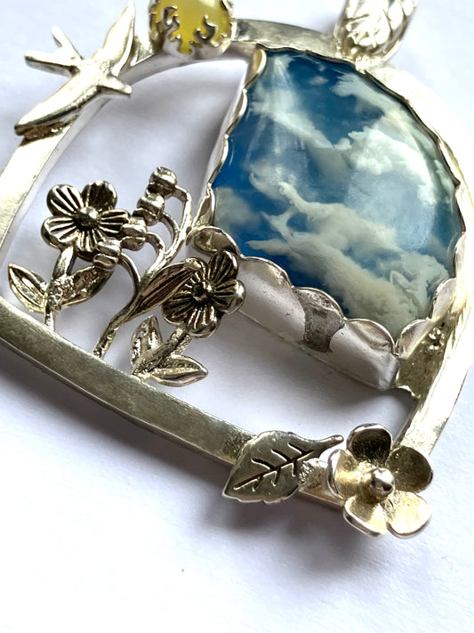 Window Scene Pendant with Swallow & Flowers