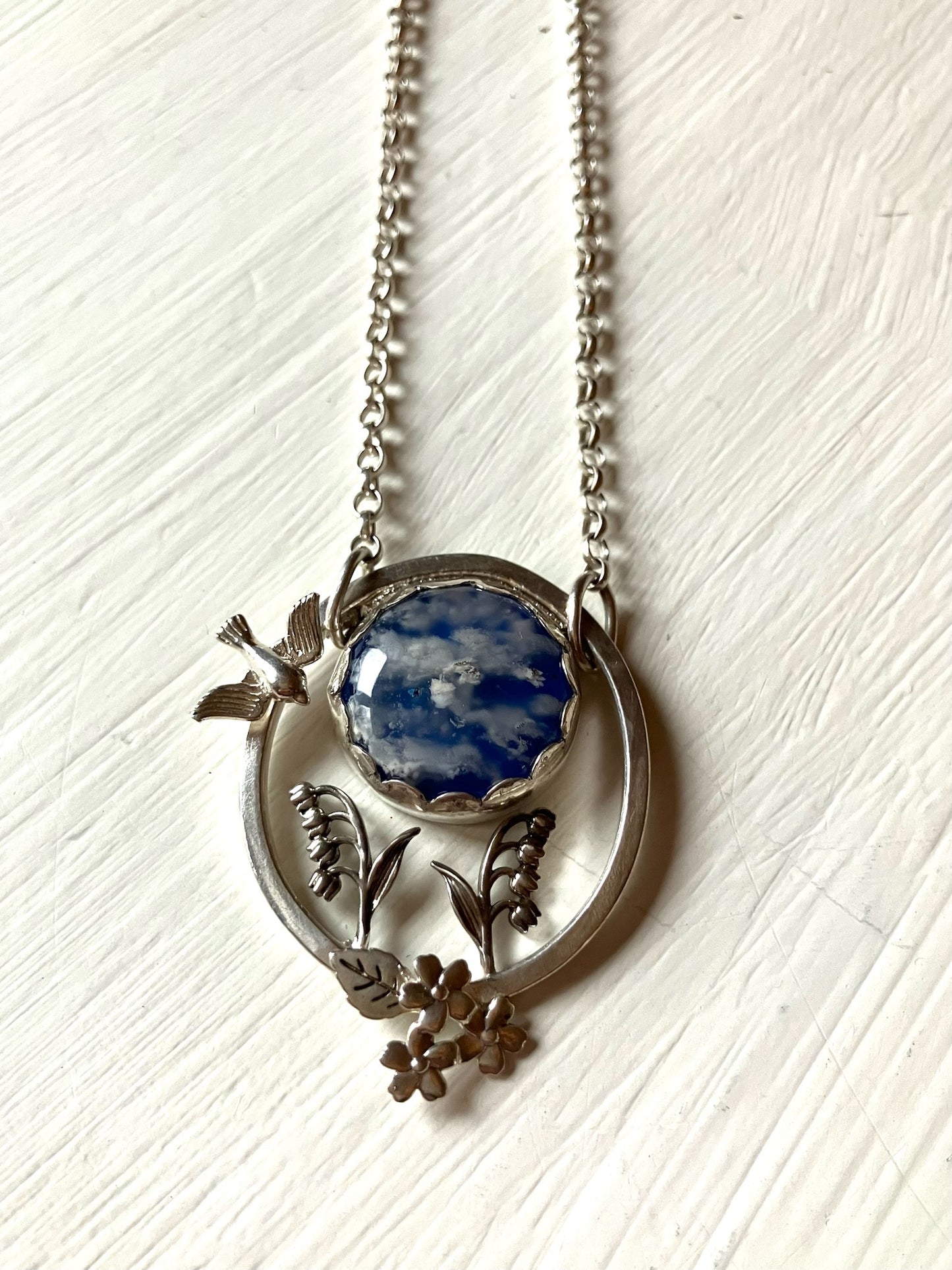 Silver & Blue Plume Agate Pictorial Necklace with Swallow & Flowers