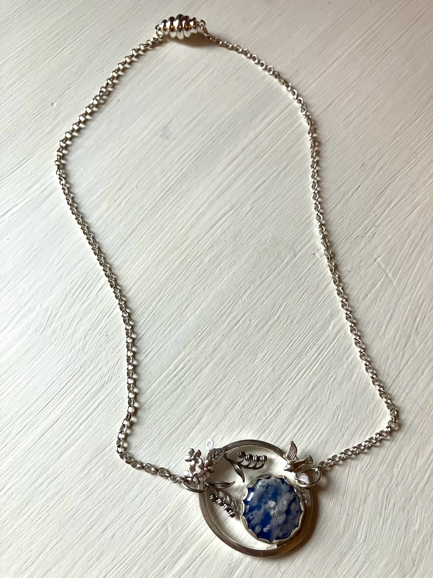 Silver & Blue Plume Agate Pictorial Necklace with Swallow & Flowers
