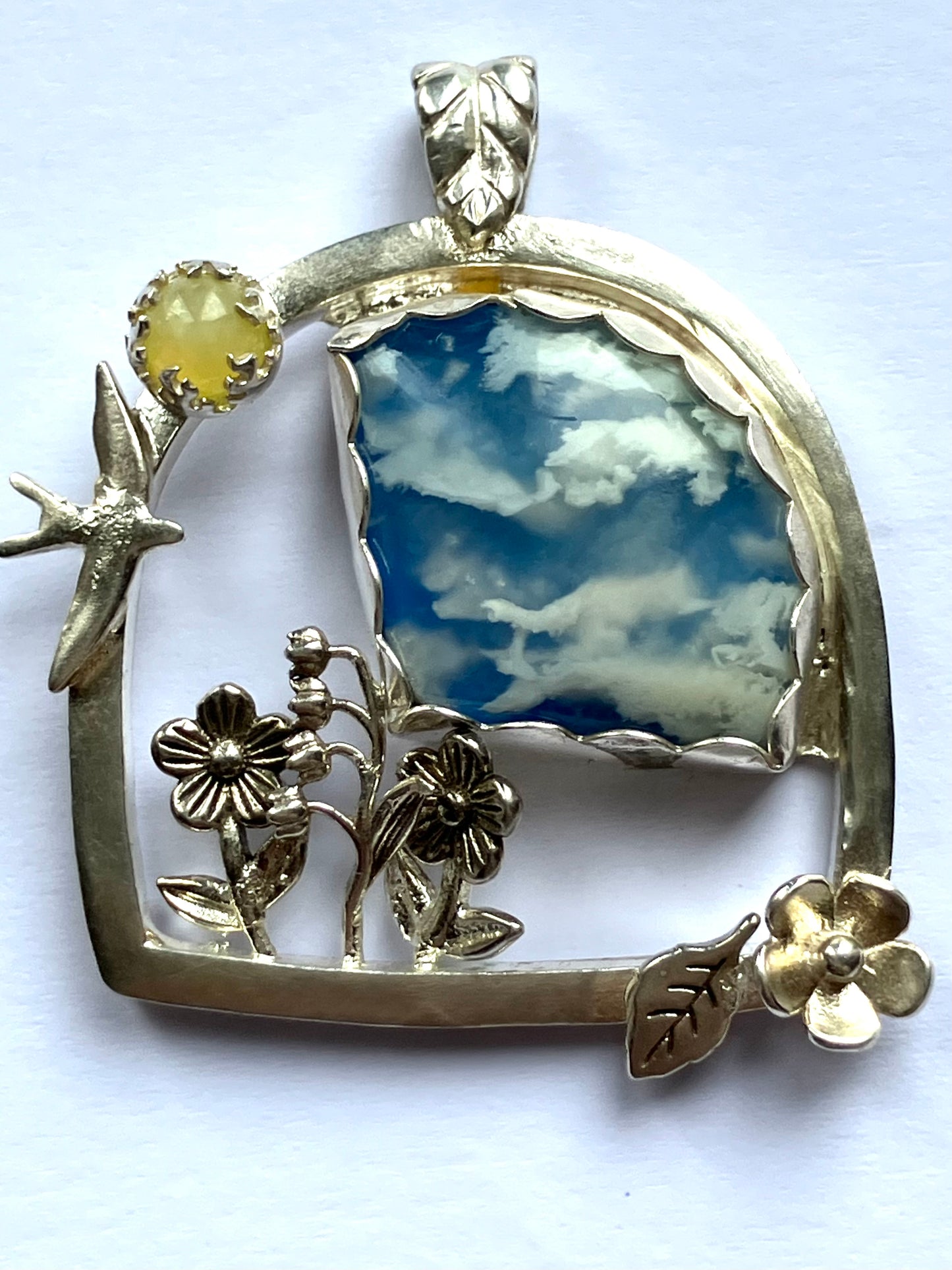 Window Scene Pendant with Swallow & Flowers