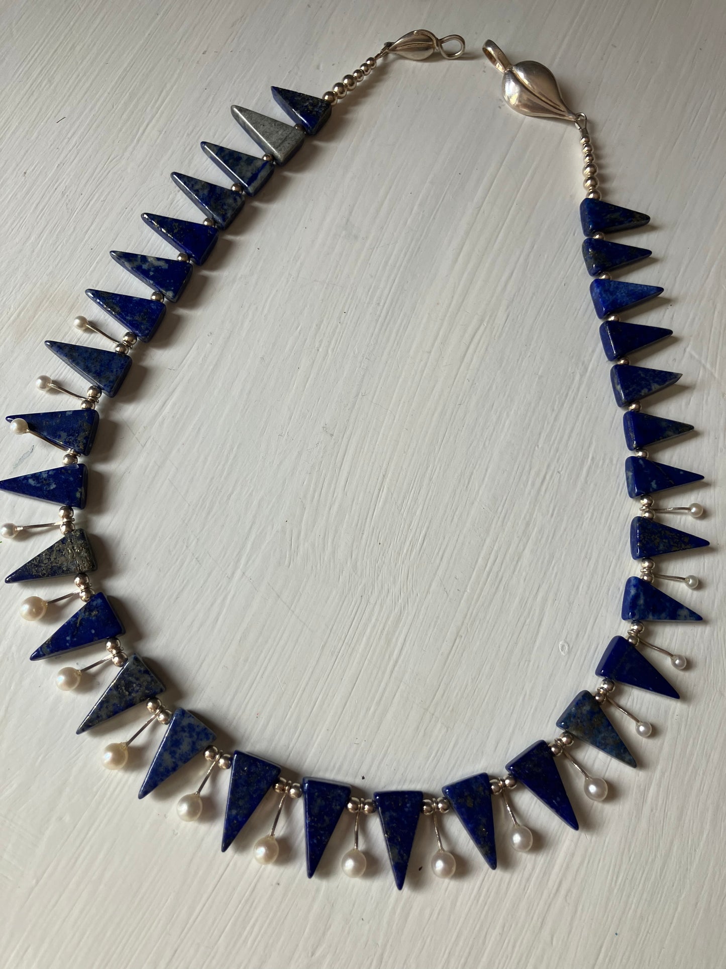 Triangle Blue Bead, Pearl & Silver Leaf Clasp Necklace