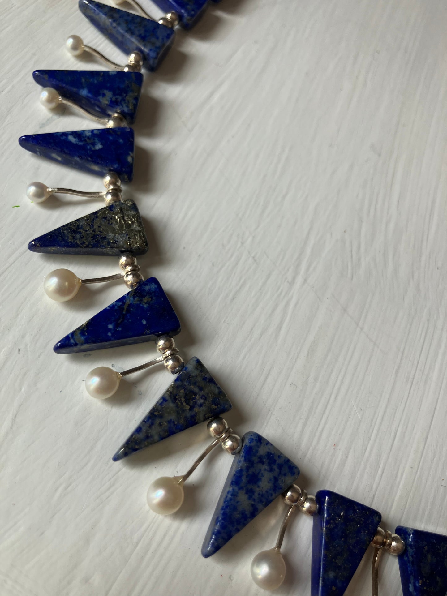 Triangle Blue Bead, Pearl & Silver Leaf Clasp Necklace